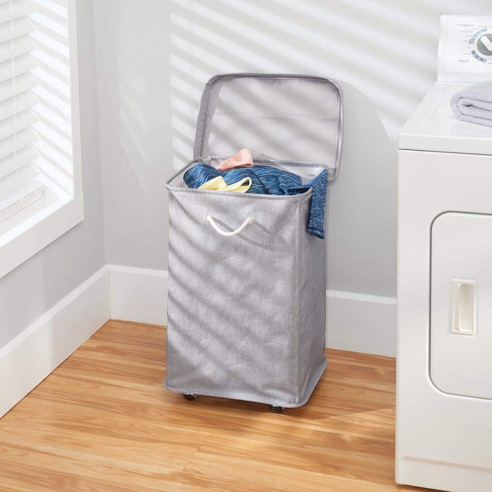 Mdesign Large Polyester Rolling Laundry Hamper With Wheels, Removable Lid, And Rope Carrying Handles - Collapsible Hampers With